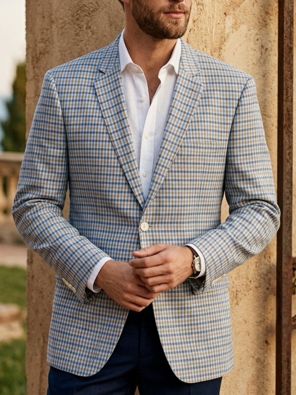 Jones New York Blue Tan Plaid Linen Cotton 2-Button Blazer Sport Coat 44L EUC